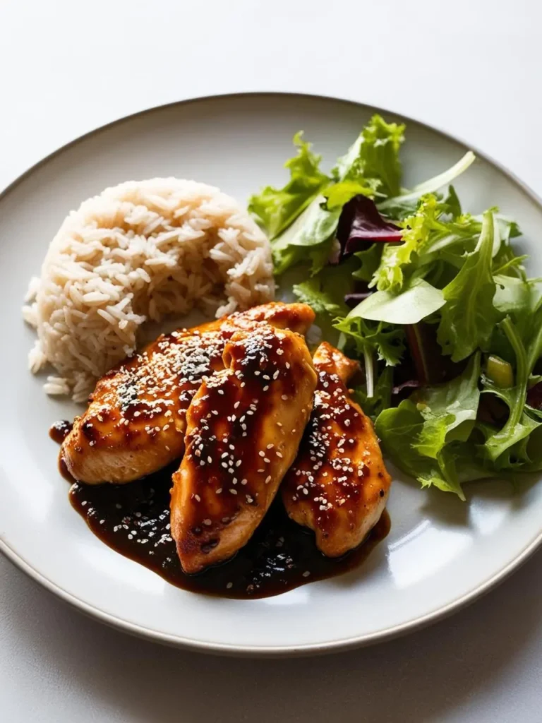 A plate of pan-fried chicken breast topped with a sweet and savory sesame glaze. The chicken is served alongside a mound of fluffy white rice and a side salad. The dish looks delicious and flavorful.