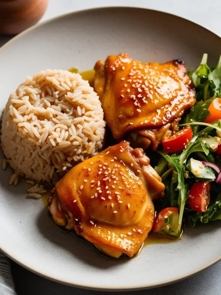 A plate of glazed chicken thighs with sesame seeds, served with a side of brown rice and a fresh salad with tomatoes, cucumbers, and greens.