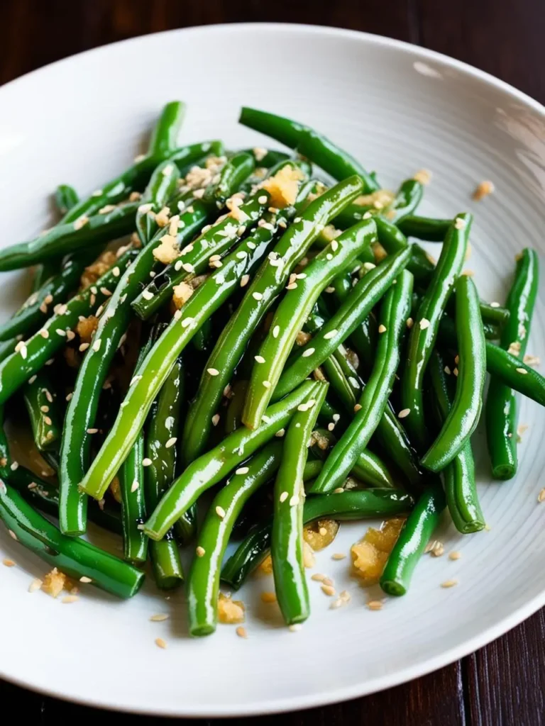 A plate of vibrant green beans tossed with a sesame ginger dressing. The beans are glistening with the dressing and sprinkled with toasted sesame seeds. The dish looks fresh, flavorful, and perfect as a side dish or light lunch.