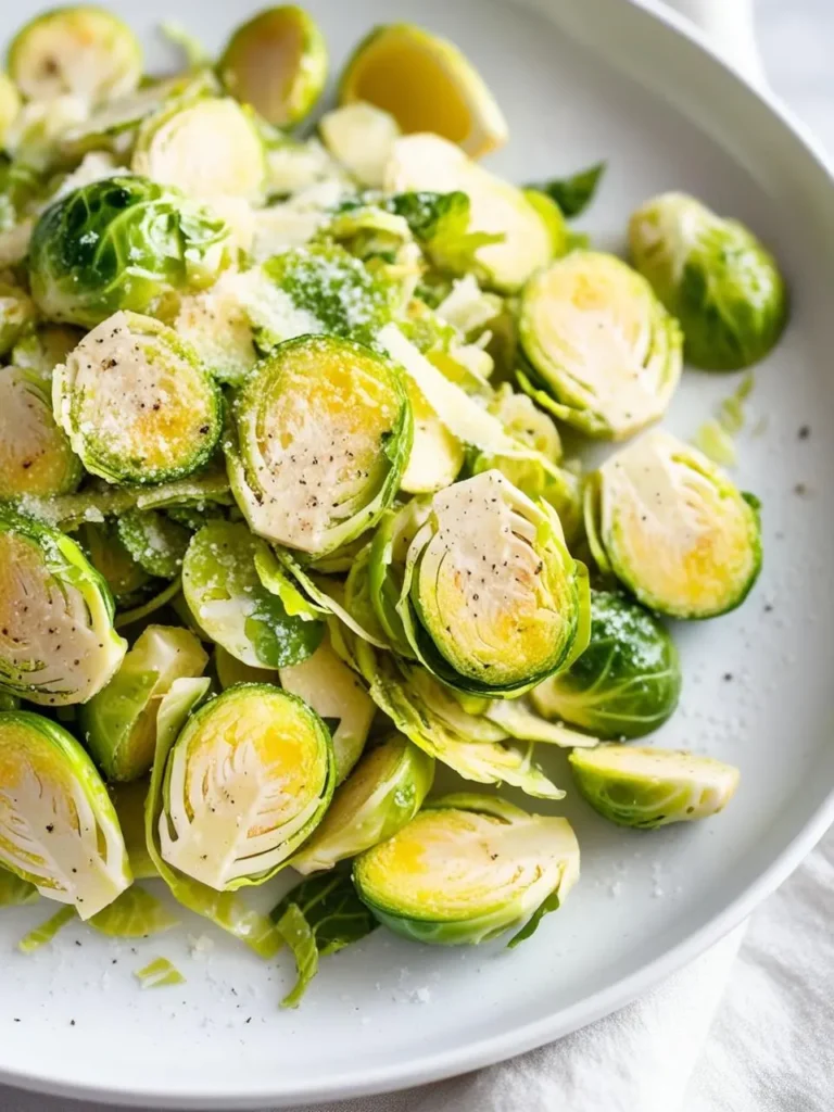 A plate of shaved Brussels sprouts with grated Parmesan cheese and black pepper.