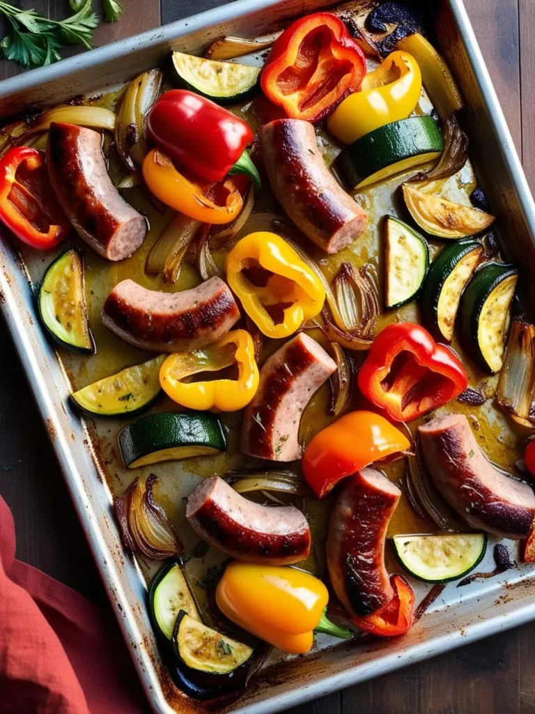 A sheet pan filled with sausage, bell peppers, onions, and zucchini, ready to be roasted in the oven.