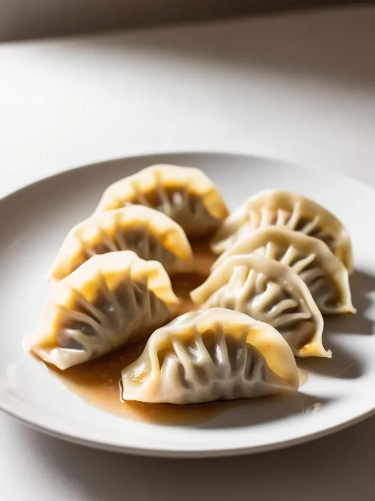 A plate of steamed dumplings with a dipping sauce.