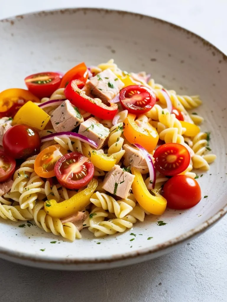 A colorful pasta salad with rotini, cherry tomatoes, bell peppers, red onion, and chunks of tuna. The salad looks fresh and inviting, perfect for a light lunch or side dish.