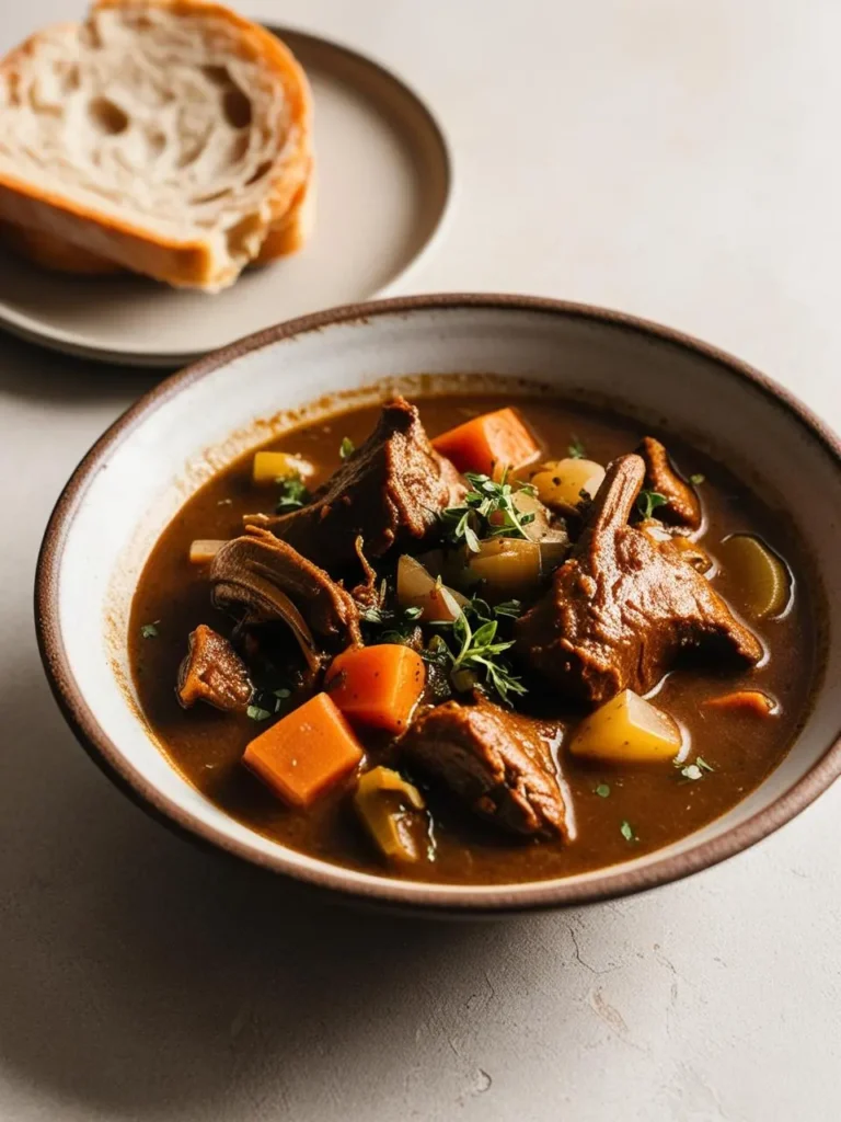 A bowl of hearty beef stew, simmered until tender. The stew is filled with chunks of meat, vegetables like carrots and potatoes, and a rich, flavorful broth. A slice of crusty bread is on the side, ready to be dipped into the stew. The dish looks incredibly inviting and perfect for a cold day.