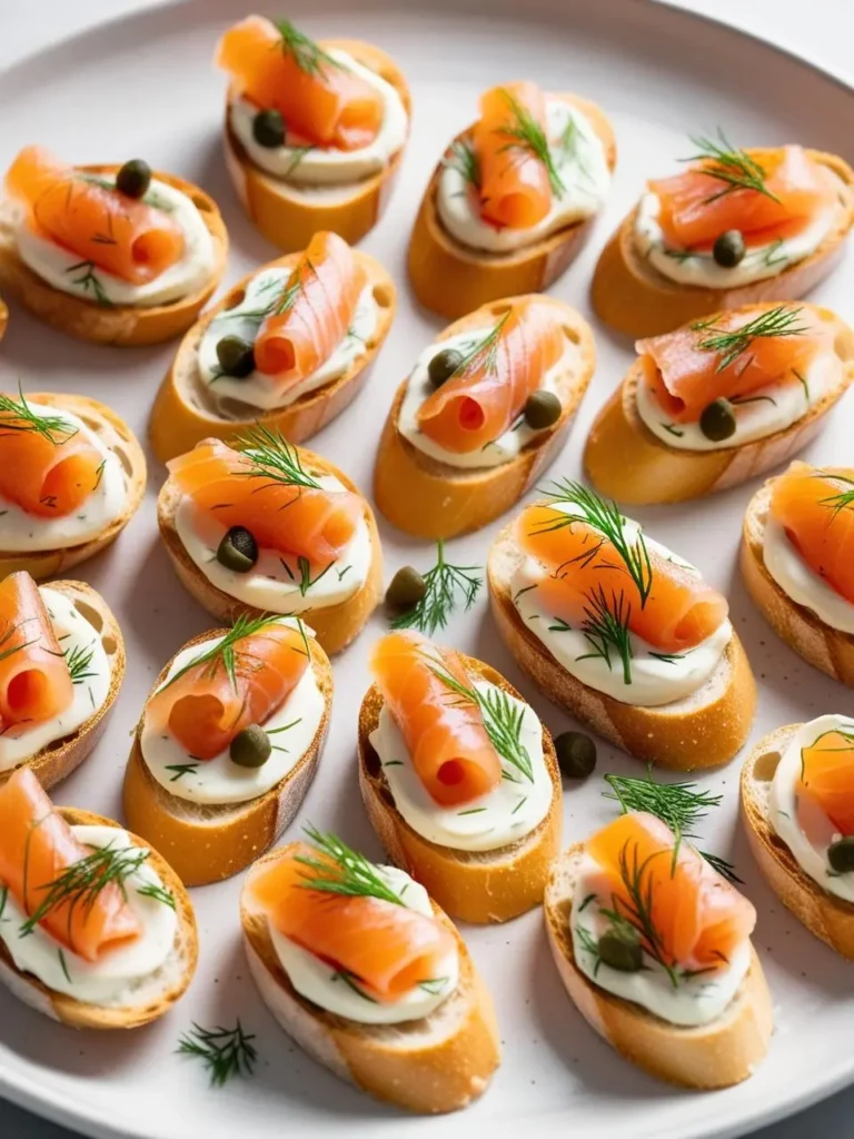 A platter of elegant smoked salmon crostini. Toasted bread is topped with a layer of cream cheese, then garnished with slices of smoked salmon, fresh dill, and capers. The crostini are arranged in a visually appealing pattern, making them perfect for a party or gathering.