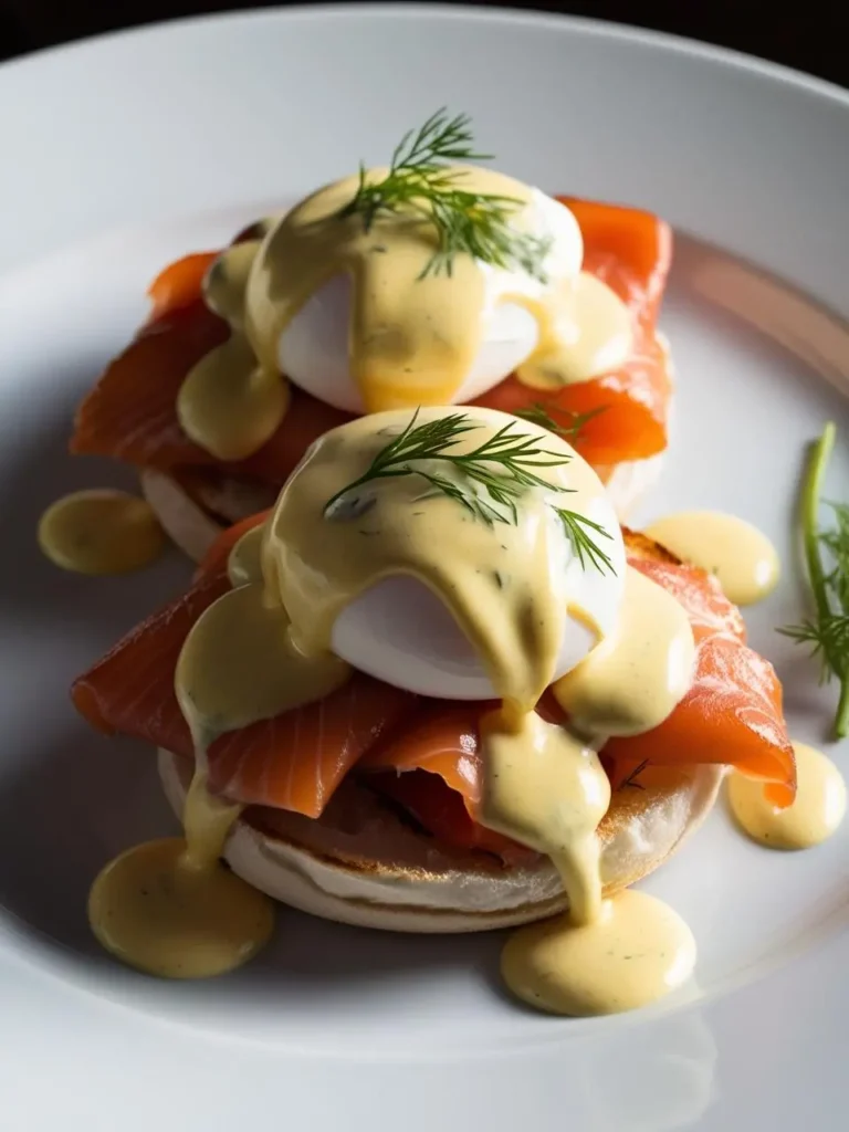 A plate of two Eggs Benedict with smoked salmon. Each consists of a toasted English muffin topped with smoked salmon, a perfectly poached egg, and a generous drizzle of creamy hollandaise sauce. Fresh dill sprigs garnish the dish.