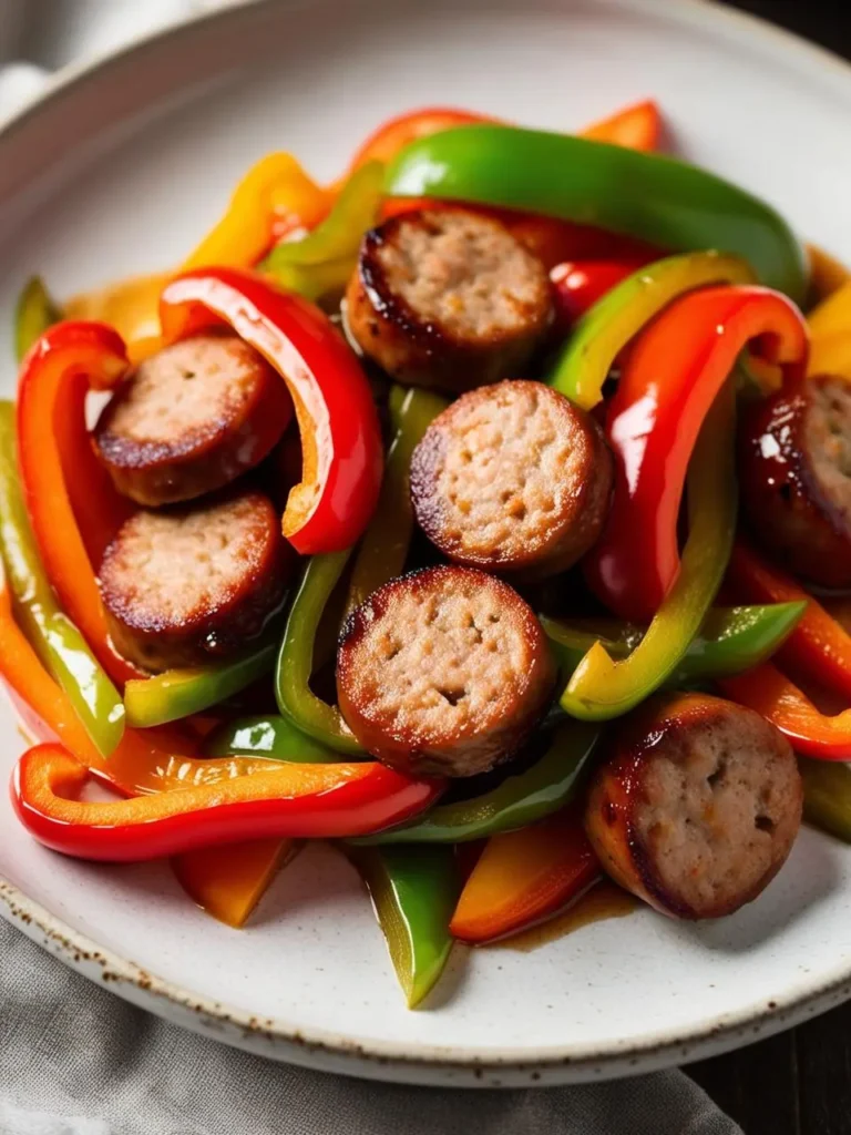 A plate of colorful sausage and peppers, with sliced red and green bell peppers and browned sausage links.