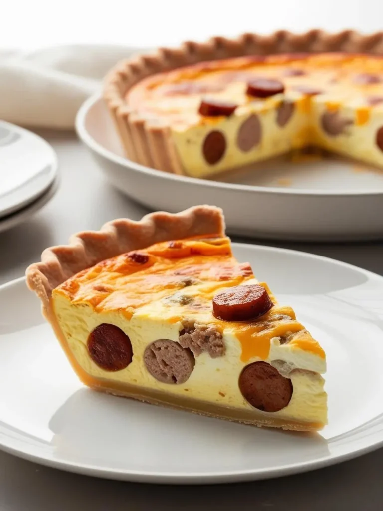 A slice of savory sausage quiche with a golden crust, sitting on a white plate. The whole quiche is visible in the background.