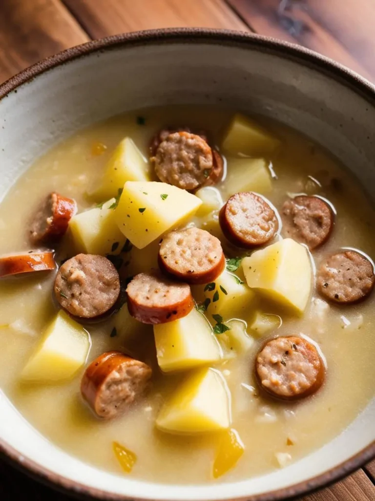 A bowl of creamy potato soup with chunks of potato and slices of smoked sausage.