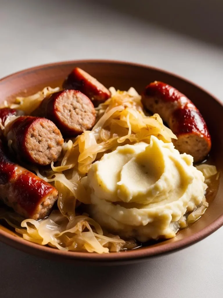 A plate of sauerkraut and sausage served alongside a dollop of creamy mashed potatoes.