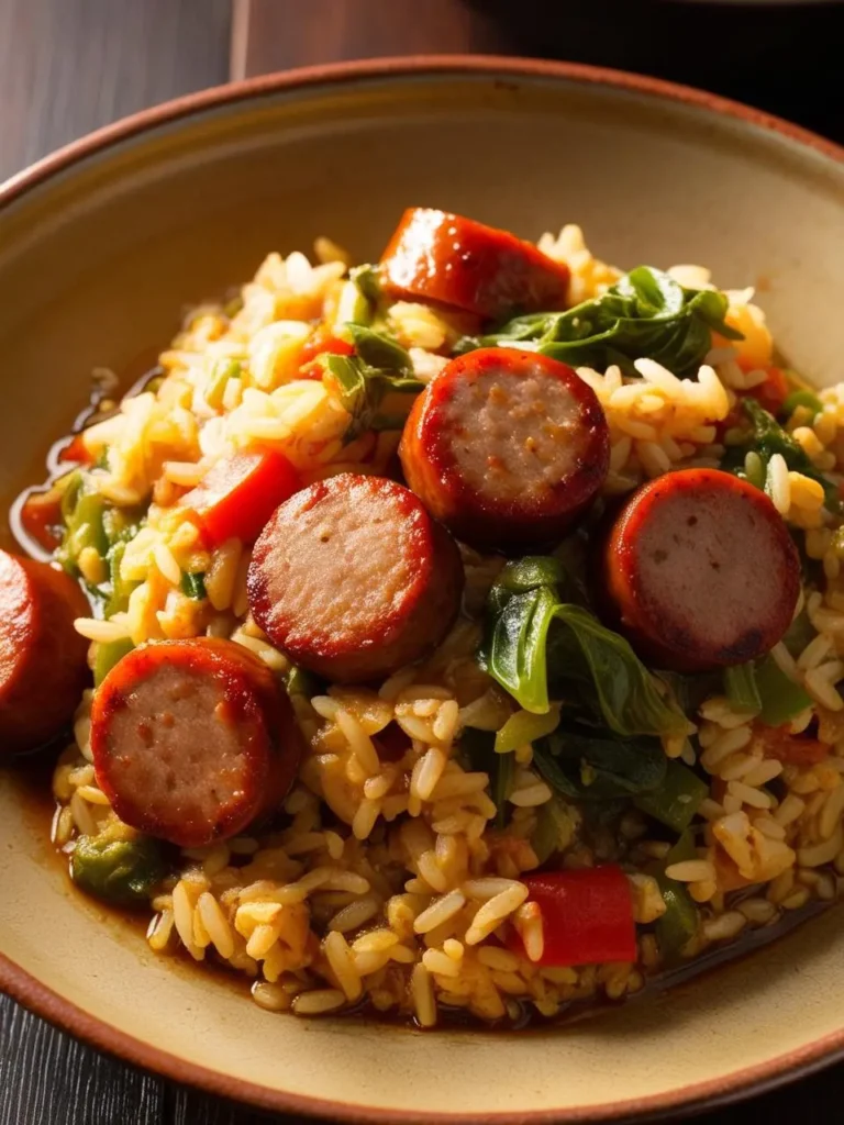 A plate of jambalaya, a cajun dish made with rice, vegetables, and andouille sausage. The rice is a golden brown color and the sausage is cooked through. There are also green vegetables mixed in with the rice.