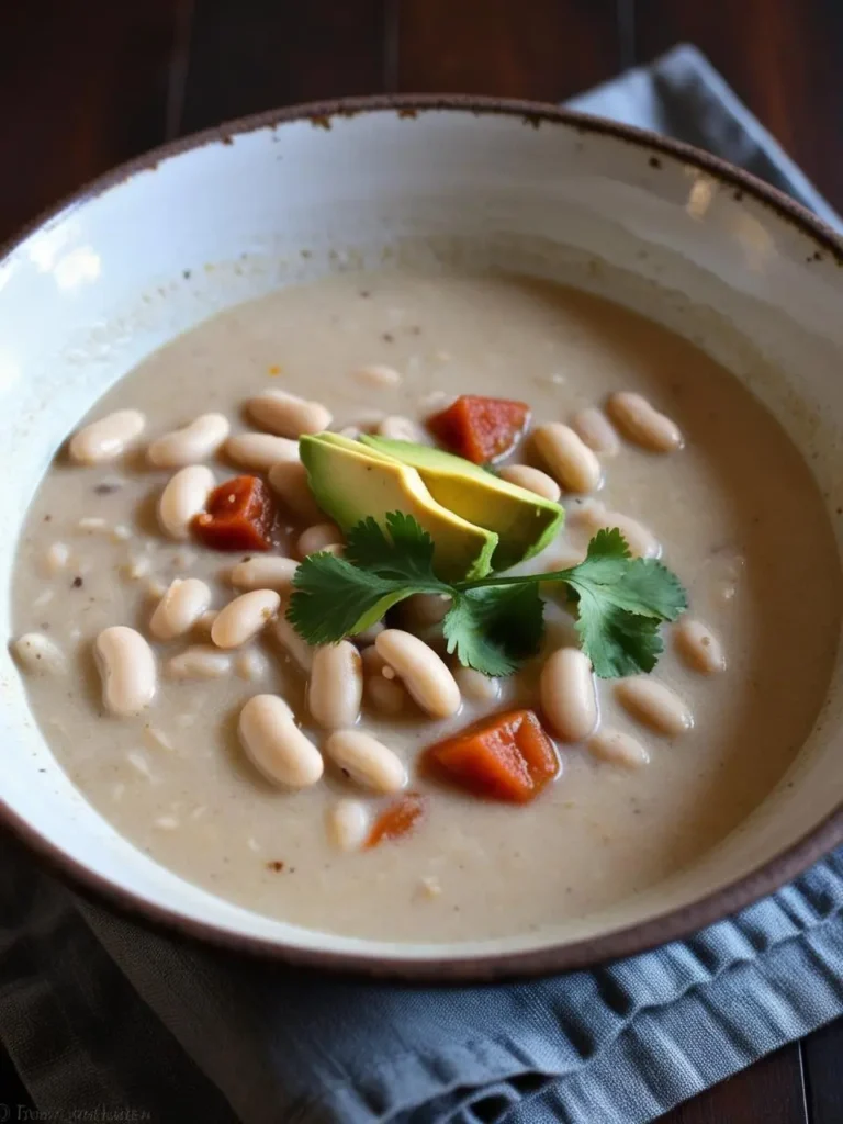 A bowl of creamy white bean soup garnished with avocado slices and fresh cilantro. The soup appears to be a rich, creamy texture with visible white beans and what could be diced vegetables like carrots or celery. It looks like a comforting and nutritious meal.