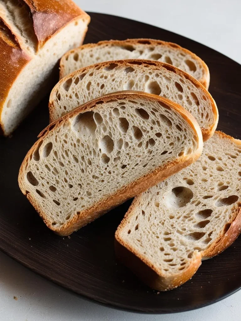 A loaf of freshly baked sourdough bread sliced on a dark plate. The slices reveal a light, airy crumb with large holes, characteristic of well-fermented sourdough. The crust appears golden brown and slightly crispy.