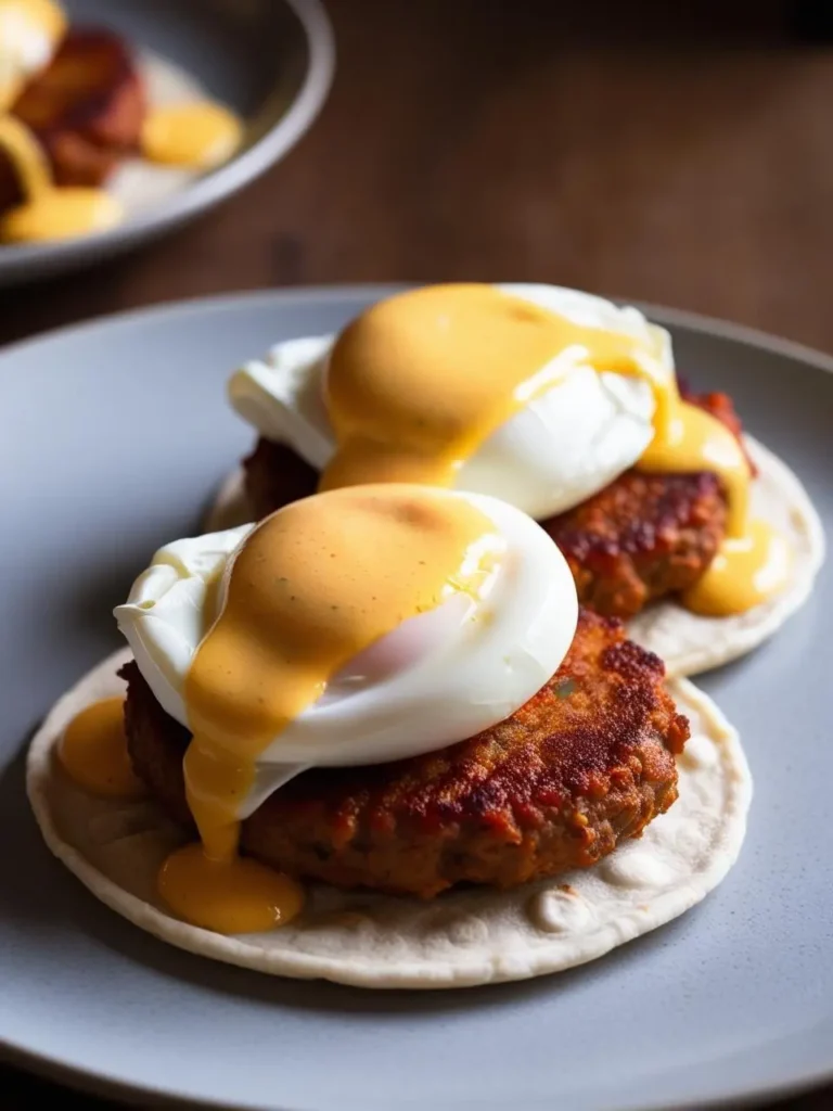 A plate of two chorizo cakes topped with perfectly poached eggs and smothered in a rich, orange-hued hollandaise sauce. The eggs have runny yolks and the dish looks incredibly flavorful.