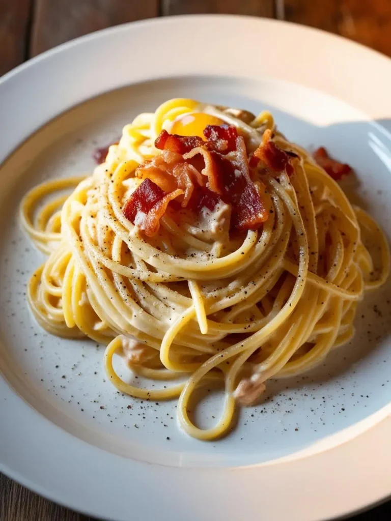 A plate of spaghetti Carbonara, a classic Italian dish. The pasta is coated in a creamy sauce made with eggs, cheese, and pancetta (cured Italian bacon). A perfectly cooked egg yolk is nestled on top, adding richness and a touch of luxury.