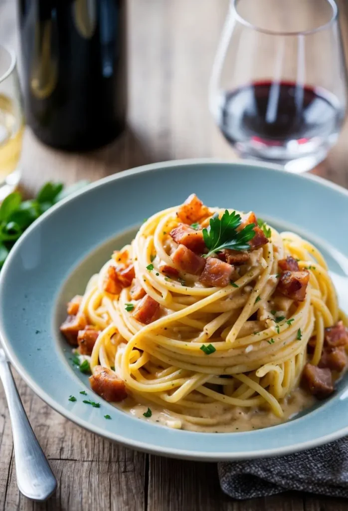 A steaming plate of spaghetti carbonara with crispy pancetta, creamy sauce, and a sprinkle of fresh parsley, served alongside a glass of red wine