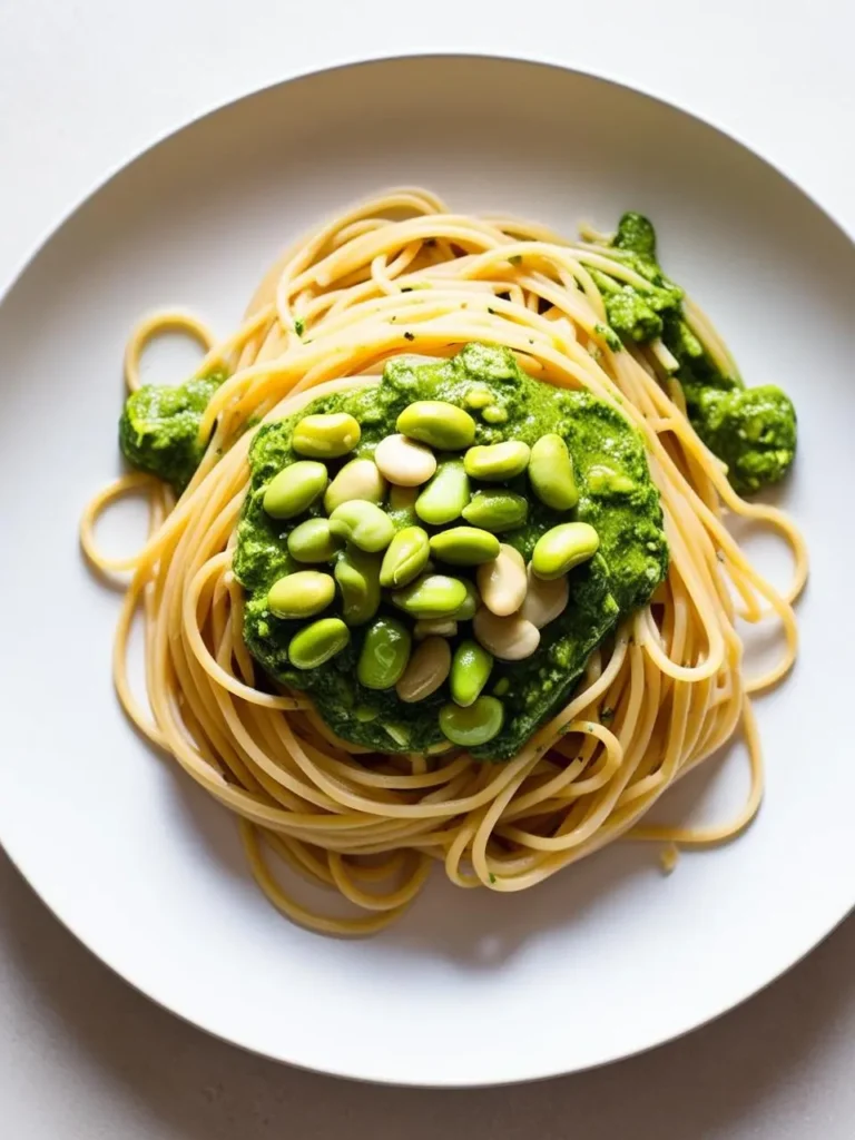 A plate of spaghetti with a vibrant green pesto sauce. The pasta is topped with a generous serving of edamame beans, adding a pop of color and protein. The dish looks fresh, light, and perfect for a summer meal.