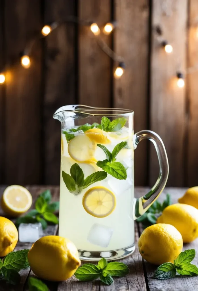 A pitcher of sparkling lemonade surrounded by fresh lemons, mint leaves, and ice cubes on a rustic wooden table