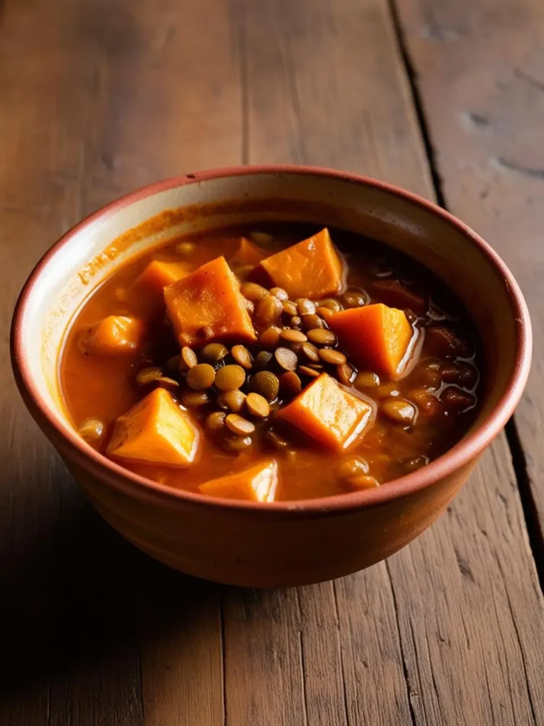 A bowl of hearty lentil soup with chunks of sweet potato. The soup has a rich, reddish-brown color, suggesting a flavorful broth. The dish looks warm, comforting, and perfect for a cold day.