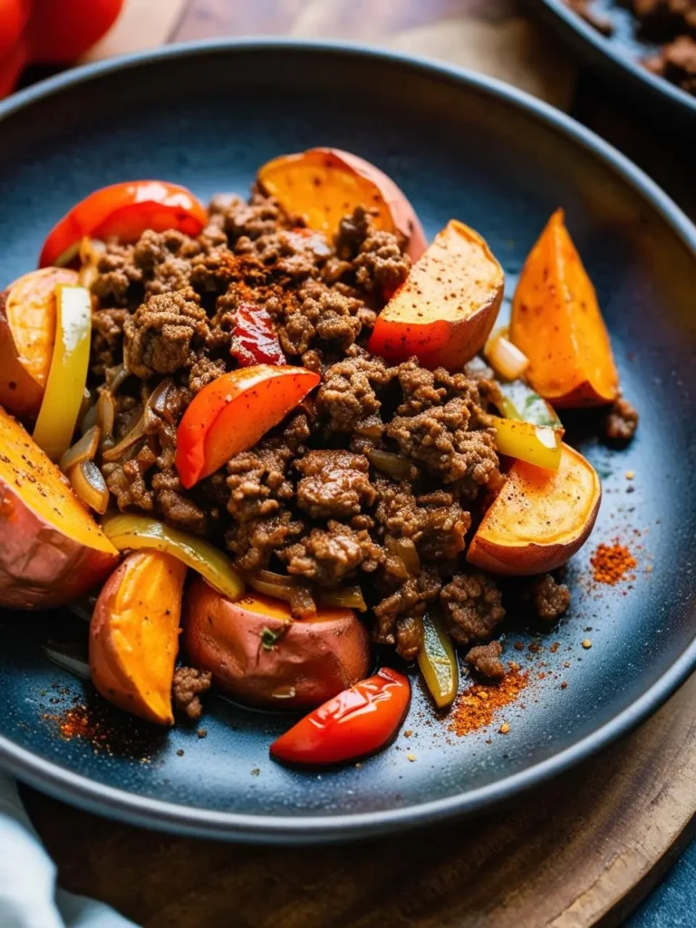 A plate of seasoned ground beef and roasted sweet potato wedges. The dish looks flavorful and hearty, with a sprinkle of paprika adding a touch of spice.