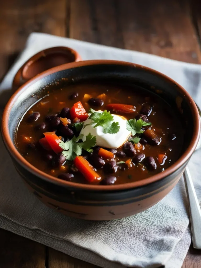 A bowl of hearty black bean soup. The soup is simmered with vegetables like carrots and bell peppers, and garnished with fresh cilantro and a dollop of sour cream. It looks like a comforting and nutritious meal.