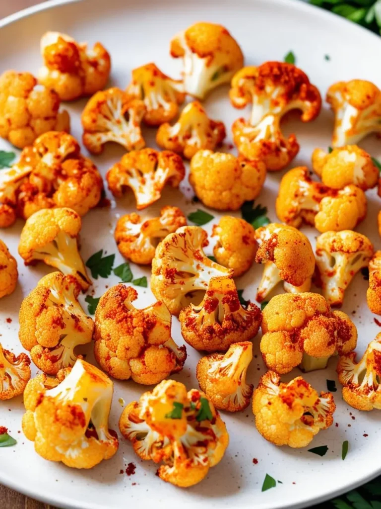 A plate of roasted cauliflower florets. The cauliflower is golden brown and sprinkled with paprika for a vibrant color and added flavor. Fresh parsley adds a touch of greenery. The dish looks delicious and perfect for a healthy and flavorful side dish.