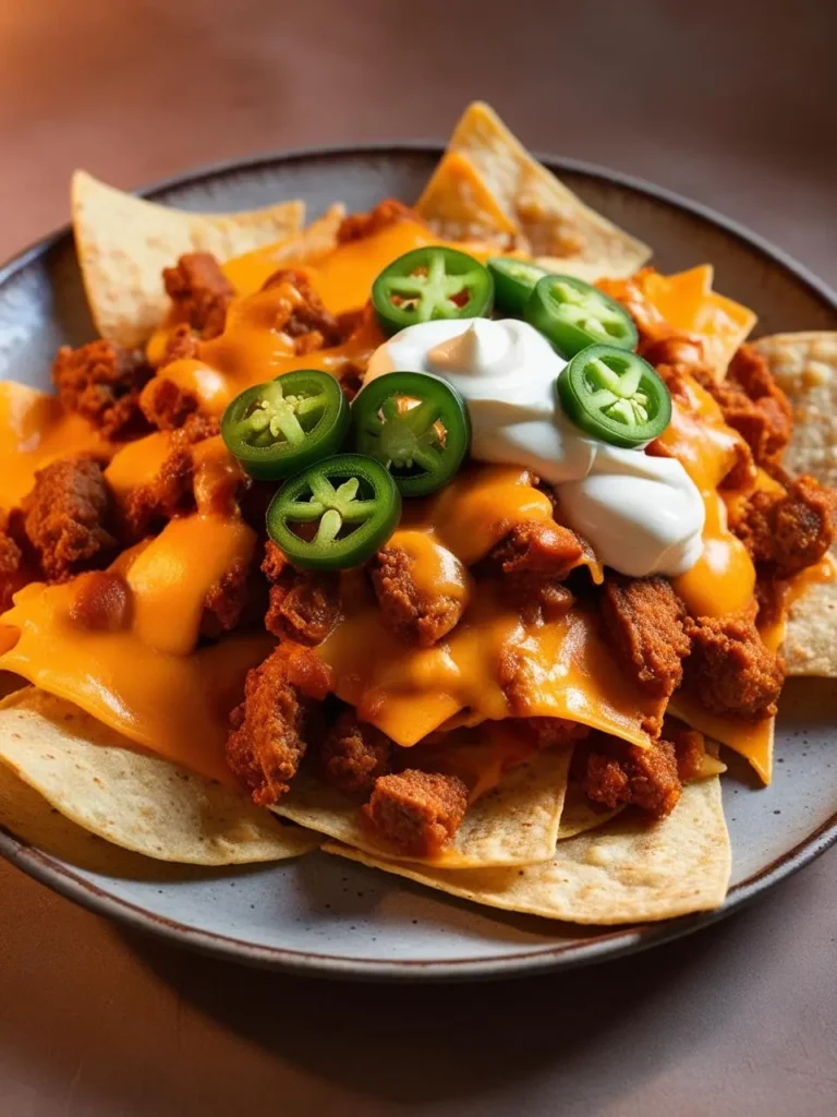 A plate of loaded nachos with crispy tortilla chips piled high and topped with chili, melted cheese, sliced jalapeños, and a dollop of sour cream.