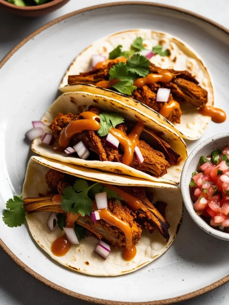 Three tacos filled with a flavorful plant-based protein filling, topped with a tangy sauce, fresh cilantro, and diced red onions. A small bowl of pico de gallo adds a burst of freshness. The tacos look incredibly appetizing and perfect for a satisfying and plant-based meal.