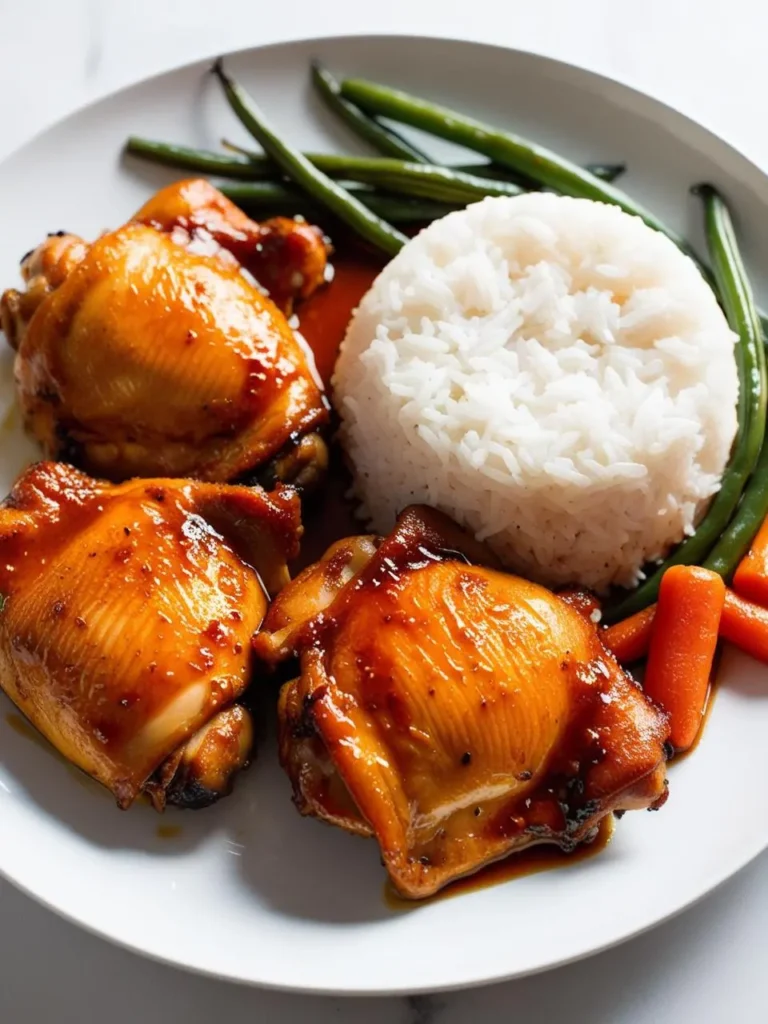 A plate of glazed chicken thighs with a side of steamed rice, green beans, and carrots. The chicken looks tender and juicy, with a glossy glaze.