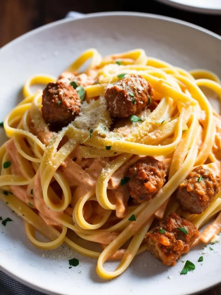 A plate of fettuccine pasta coated in a creamy, pink sauce and topped with juicy meatballs. The dish is garnished with grated cheese and fresh parsley. It looks like a comforting and flavorful Italian pasta dish.