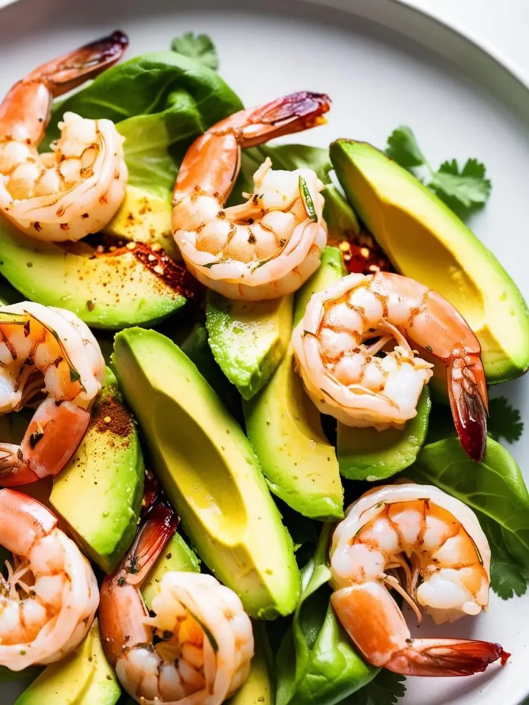 A vibrant salad featuring plump, cooked shrimp nestled amongst slices of ripe avocado. The salad is garnished with fresh cilantro and a sprinkle of red pepper flakes, adding a touch of spice and color. The dish looks light, refreshing, and perfect for a summer meal.