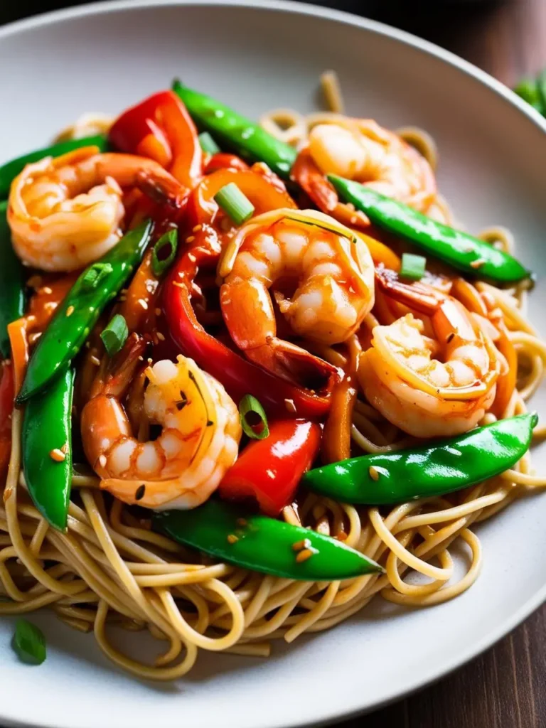 A plate of lo mein noodles stir-fried with plump shrimp, vibrant vegetables like snap peas and bell peppers, and a drizzle of savory sauce. The dish looks fresh, colorful, and packed with flavor.