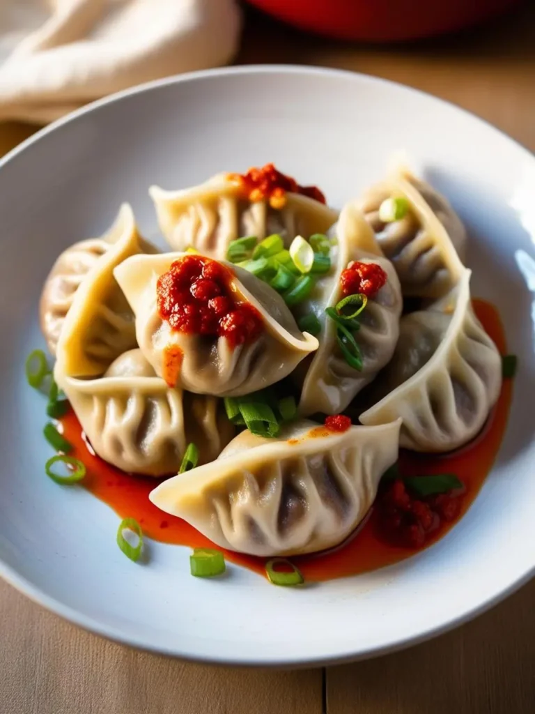 A plate of steamed dumplings topped with a spicy red sauce and garnished with green onions.