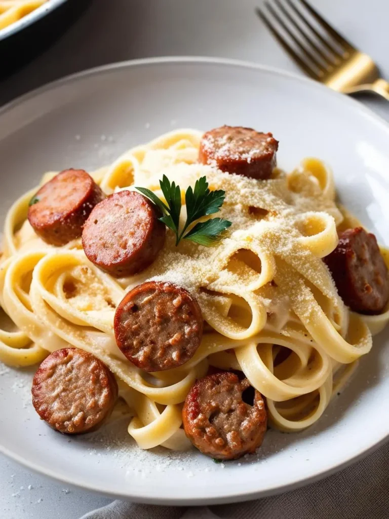 A plate of creamy fettuccine pasta with sliced sausage and a sprinkle of Parmesan cheese.