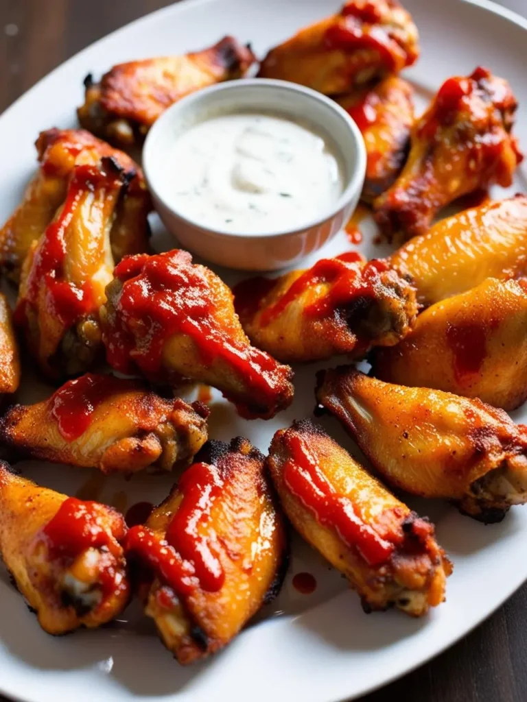 A plate of crispy, golden-brown chicken wings coated in a spicy, tangy sauce, likely Buffalo sauce. The wings are arranged on a plate with a side of celery sticks and a small bowl of creamy blue cheese dressing. The dish looks incredibly appetizing and perfect for a game day gathering.