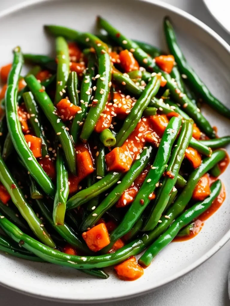 A plate of stir-fried green beans tossed in a spicy chili garlic sauce. The beans are bright green and sprinkled with toasted sesame seeds. The dish looks vibrant and full of flavor.