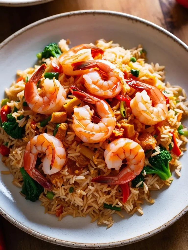 A plate of vibrant shrimp fried rice. The dish is packed with flavor, featuring plump shrimp, fluffy rice, and a medley of colorful vegetables like broccoli and red bell peppers. The fried rice looks incredibly appetizing and perfect for a quick and satisfying meal.