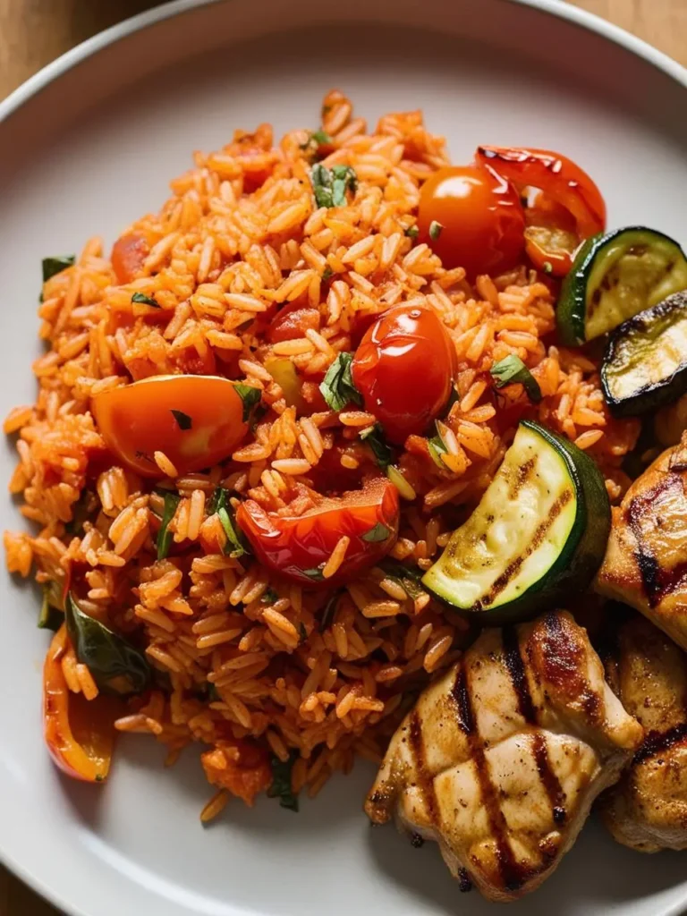 A plate of vibrant red rice, cooked with tomatoes and herbs. It's served alongside grilled zucchini and chicken, making it a colorful and flavorful meal. The dish looks light and perfect for a summer dinner.