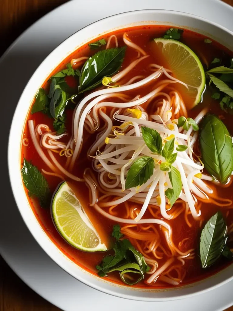 A bowl of steaming Tom Yum soup. The broth is a vibrant red color, filled with rice noodles, bean sprouts, and fresh herbs. Lime wedges add a touch of freshness and aroma. The soup looks incredibly flavorful and inviting.