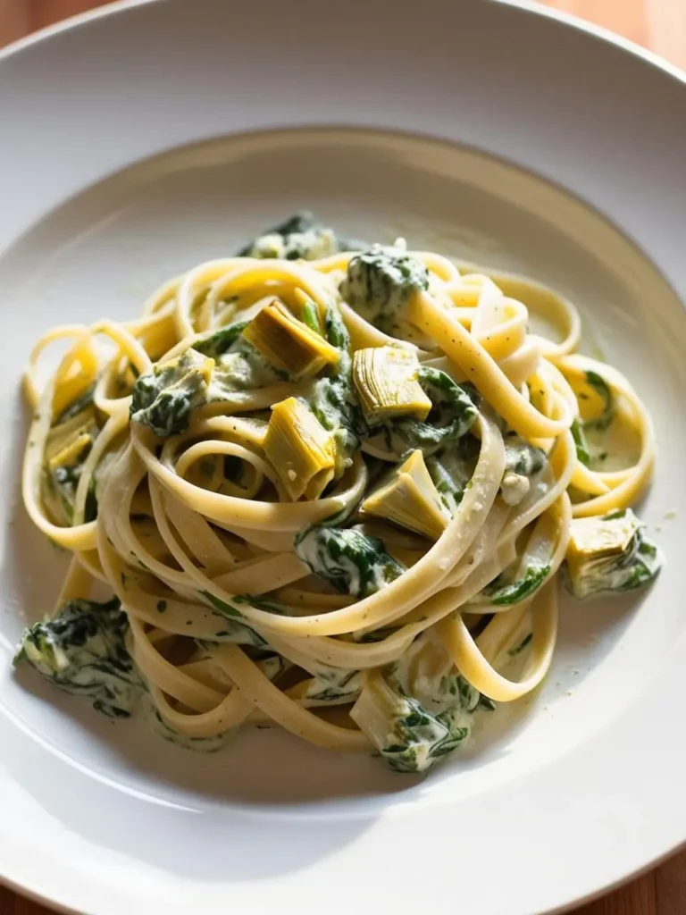 A plate of fettuccine pasta coated in a creamy sauce with spinach and artichoke hearts. The dish looks rich, flavorful, and perfect for a satisfying meal.