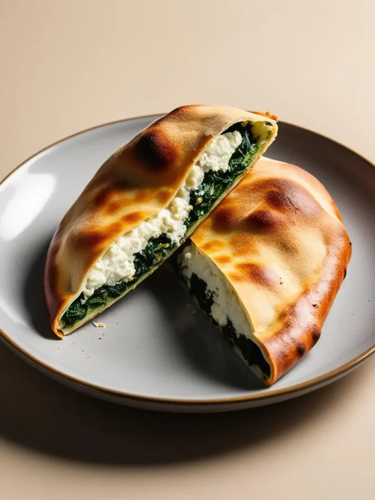 A golden-brown, flaky calzone cut in half, revealing a creamy filling of ricotta cheese and spinach. The calzone sits on a plate against a neutral background, looking delicious and inviting.