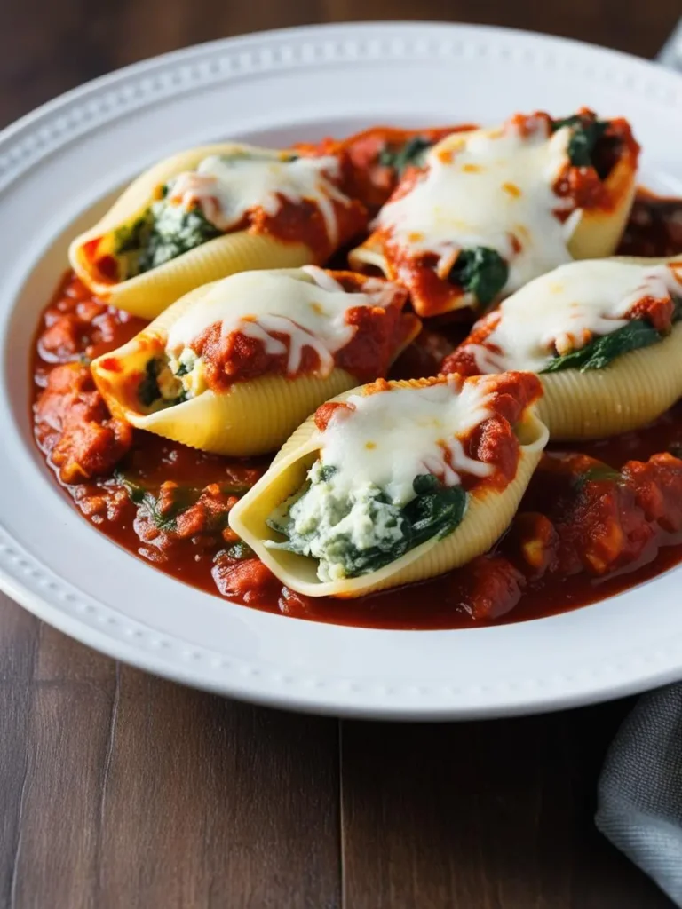 A plate of baked stuffed shells filled with spinach and cheese, covered in a rich tomato sauce and topped with melted mozzarella. The shells look golden brown and bubbly, ready to be enjoyed.