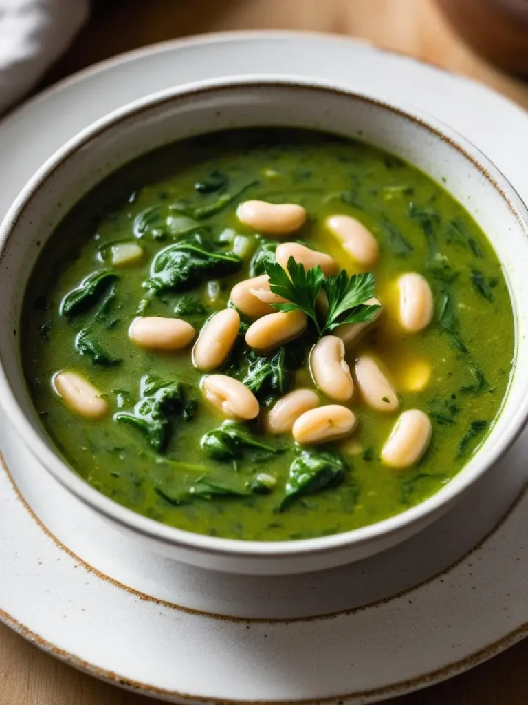 A bowl of vibrant green soup with large white beans. The soup is likely made with spinach or other leafy greens, creating a rich and healthy dish.