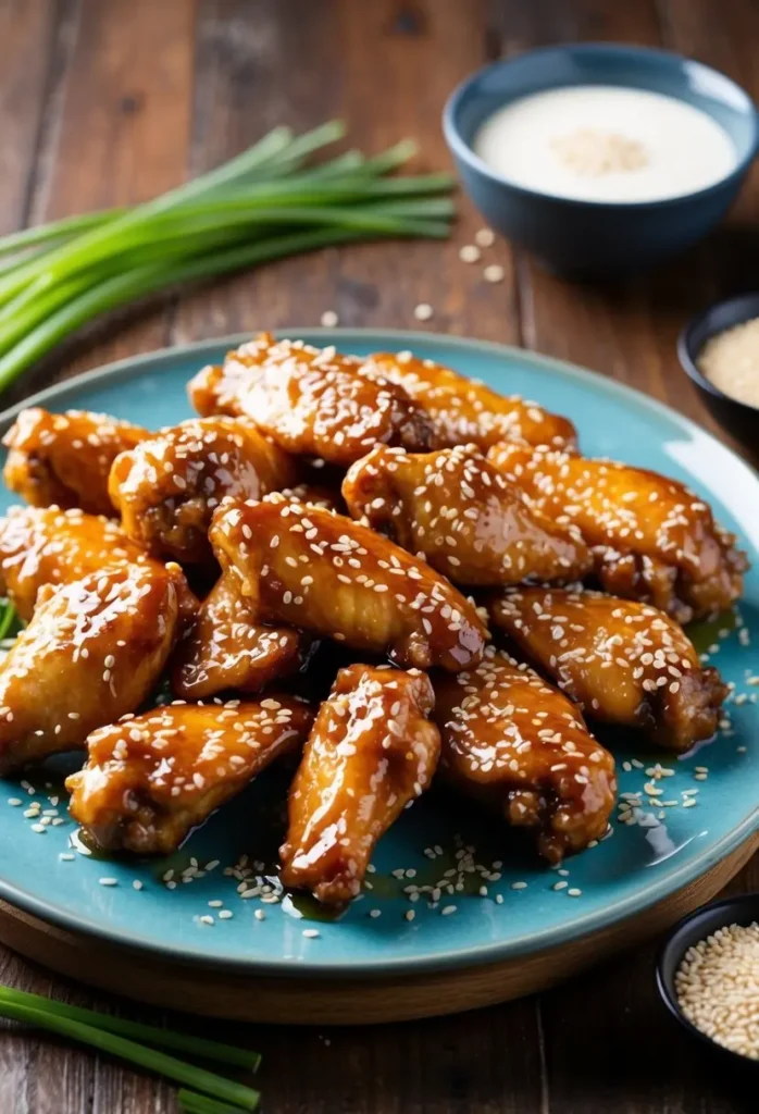 A plate of crispy chicken wings glazed with a sticky, sweet and savory sauce. The wings are sprinkled with sesame seeds and garnished with fresh chives. A small bowl of dipping sauce is placed beside the plate, along with sesame seeds scattered on the table. The dish looks incredibly appetizing and perfect for a flavorful snack or appetizer.