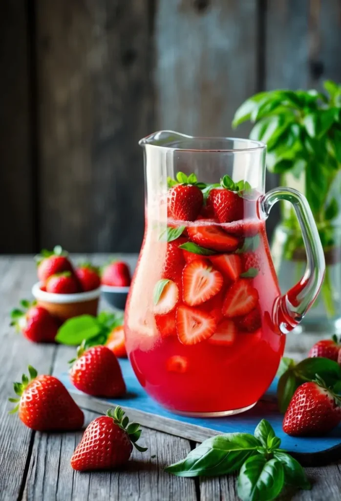 A glass pitcher filled with a vibrant red strawberry-infused beverage. Fresh strawberries, basil leaves, and a bowl of strawberries are scattered around the pitcher on a wooden table. The image evokes a sense of summer refreshment and natural sweetness.