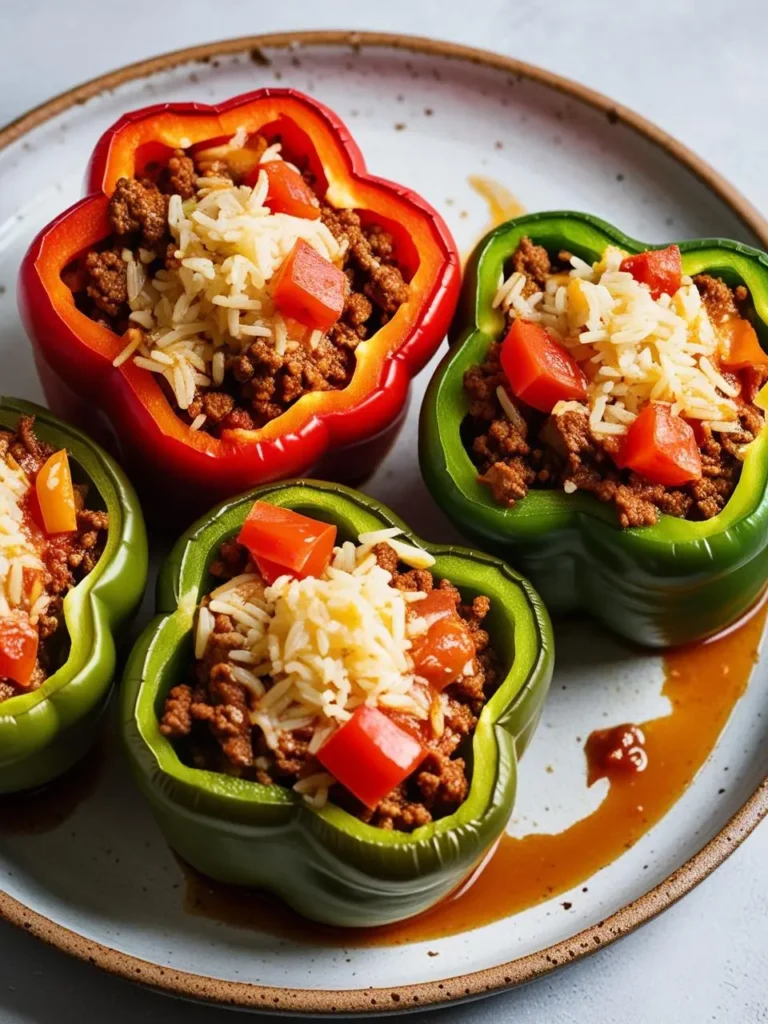 A plate of colorful stuffed peppers. Each bell pepper is filled with a flavorful mixture of ground beef, rice, and diced tomatoes. The peppers look appetizing and ready to be enjoyed.