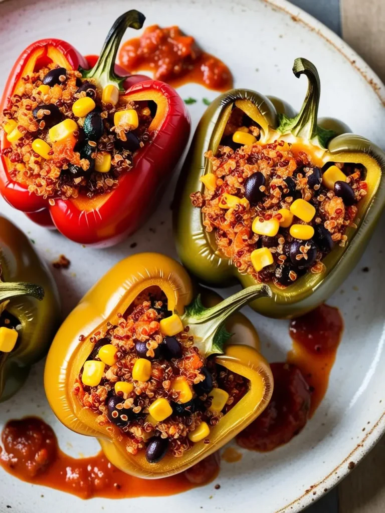 A plate of colorful bell peppers stuffed with a vibrant mixture of quinoa, black beans, and corn. The peppers are arranged on a plate with a pool of tomato sauce, ready to be served. The dish looks healthy, flavorful, and visually appealing.