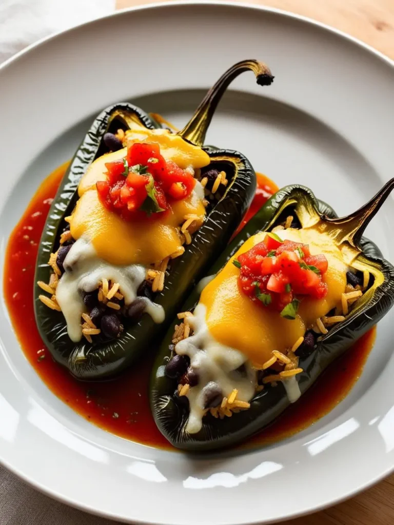 Two roasted poblano peppers stuffed with a flavorful mixture of rice and black beans. The peppers are topped with melted cheese, pico de gallo, and a drizzle of sauce. The dish looks hearty and satisfying.