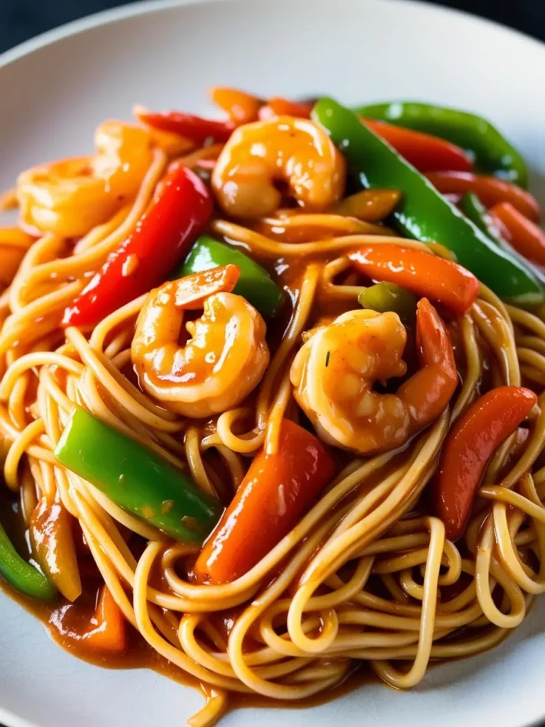 A plate of lo mein noodles stir-fried with plump shrimp, vibrant vegetables like snap peas and bell peppers, and a drizzle of savory sauce. The dish looks fresh, colorful, and packed with flavor.