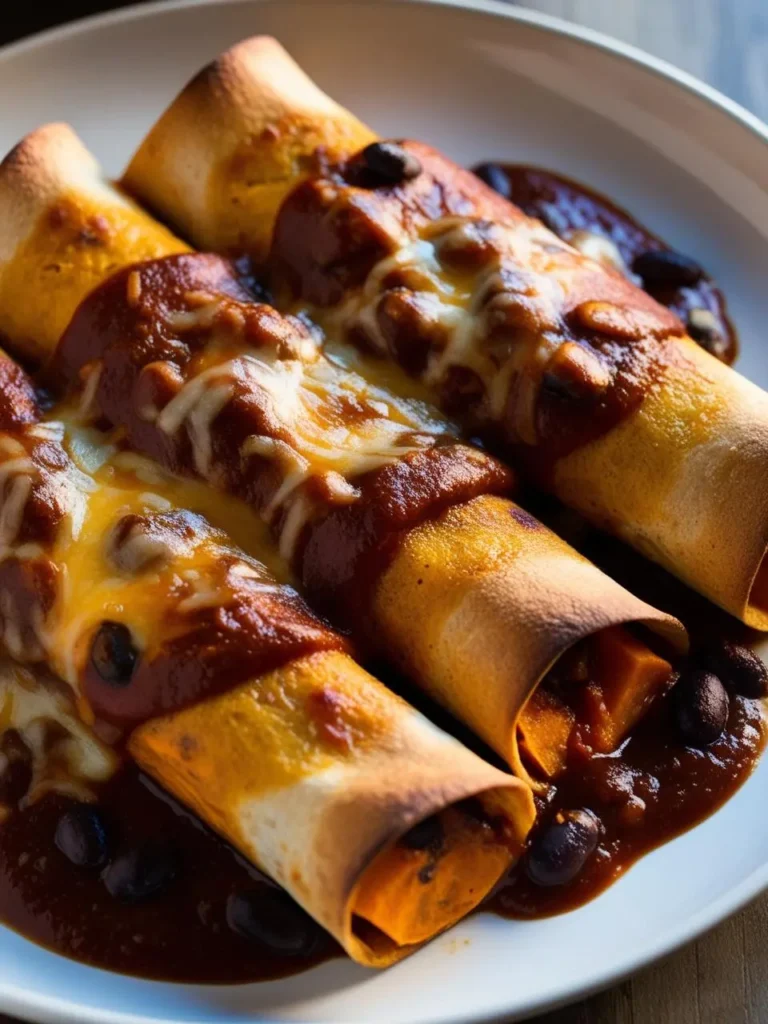 A plate of three enchiladas smothered in a rich, red sauce. The enchiladas are filled with a savory mixture of ingredients, possibly including cheese, beans, and vegetables. The dish is garnished with additional shredded cheese, creating a visually appealing and mouthwatering presentation.